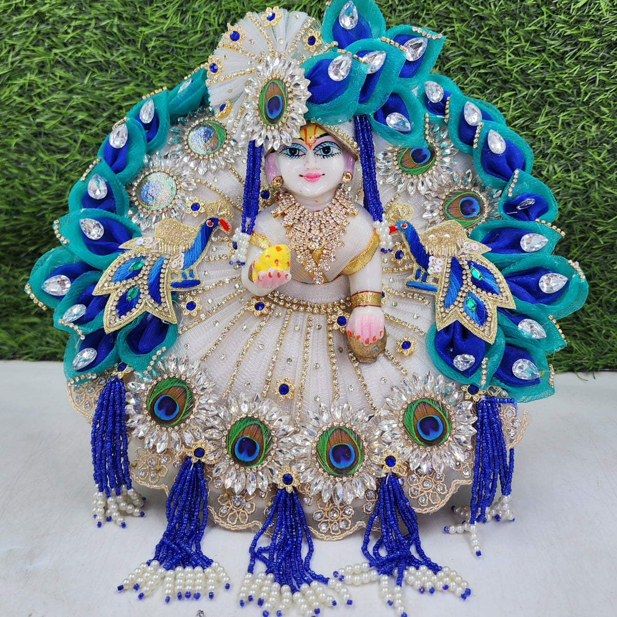 Diwali special Beautiful blue mor on white heavy dress for laddu gopal ji