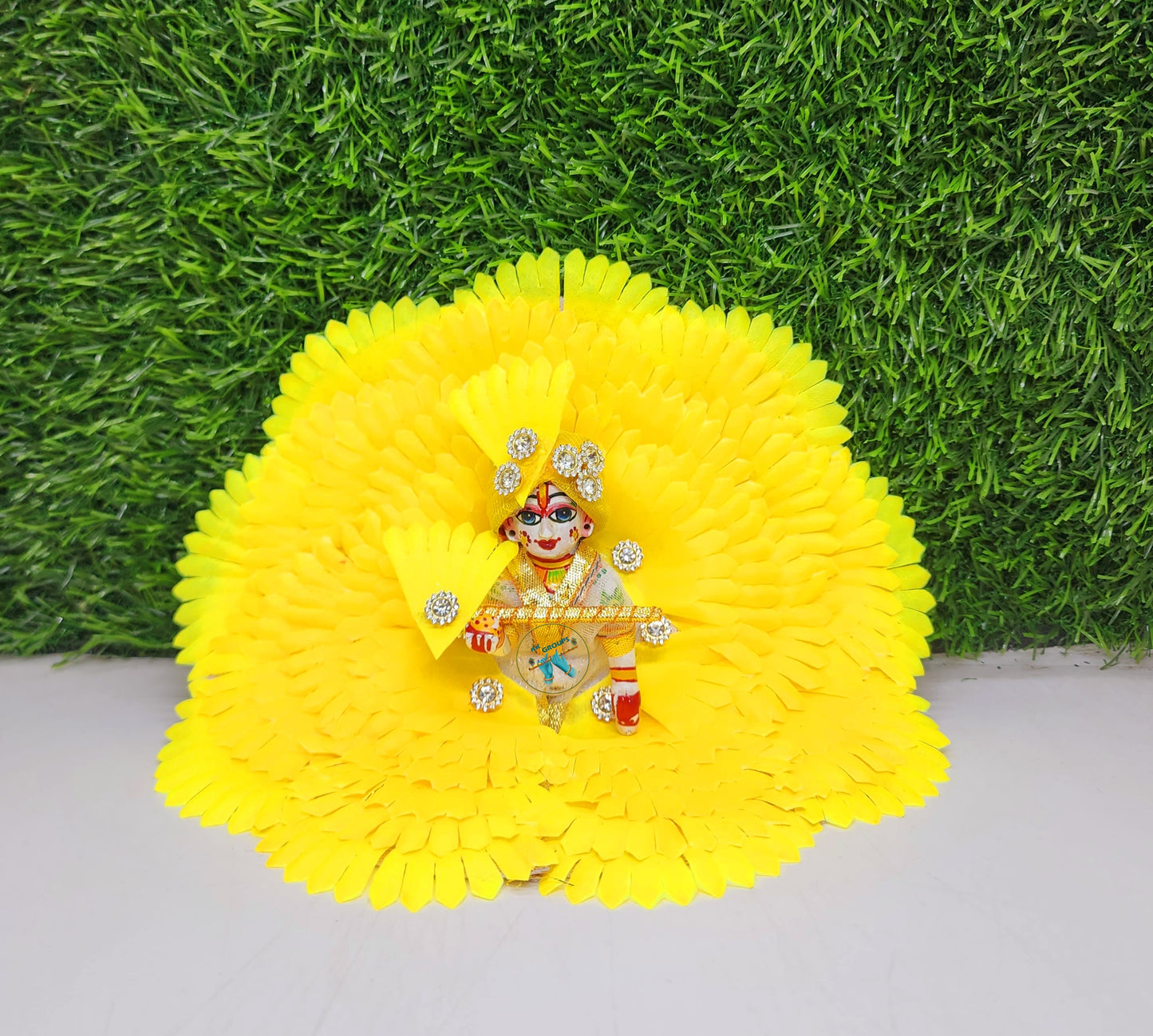 Laddu Gopal Yellow Flower Dress with Pagdi And Bansuri