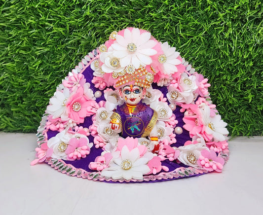 Purple-White Flower Heavy Dress For Laddu Gopal Ji With Pagdi