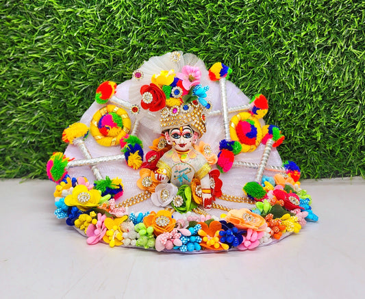 White Multicolor Pollen Heavy Dress For Laddu Gopal Ji With Pagdi