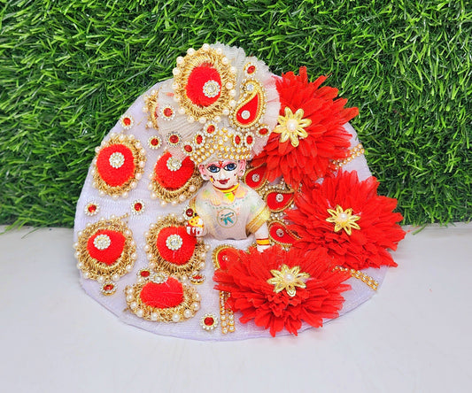 White Red Flower Heavy Dress For Laddu Gopal Ji With Pagdi