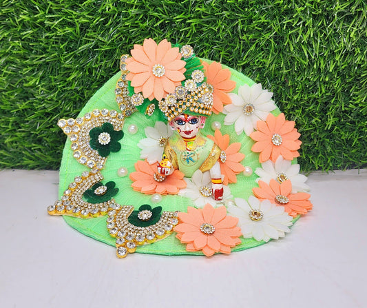 Light Green Flower Heavy Dress For Laddu Gopal Ji With Pagdi