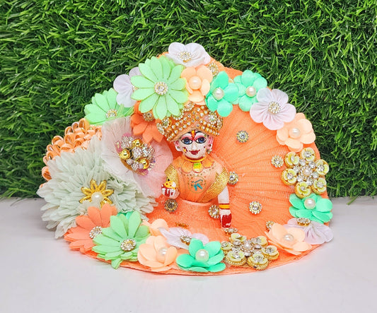 Peach Flower Heavy Dress For Laddu Gopal Ji With Pagdi