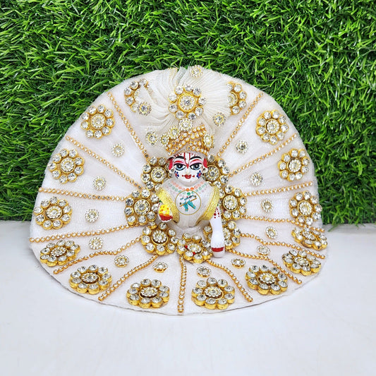 White Heavy Dress For Laddu Gopal Ji With Pagdi
