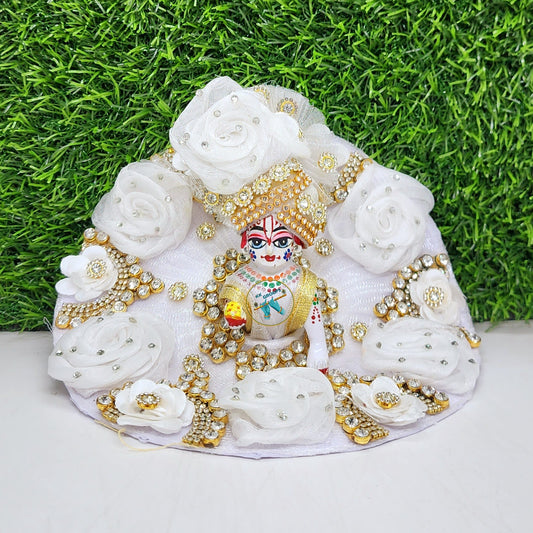 White Flower Heavy Dress For Laddu Gopal Ji With Pagdi