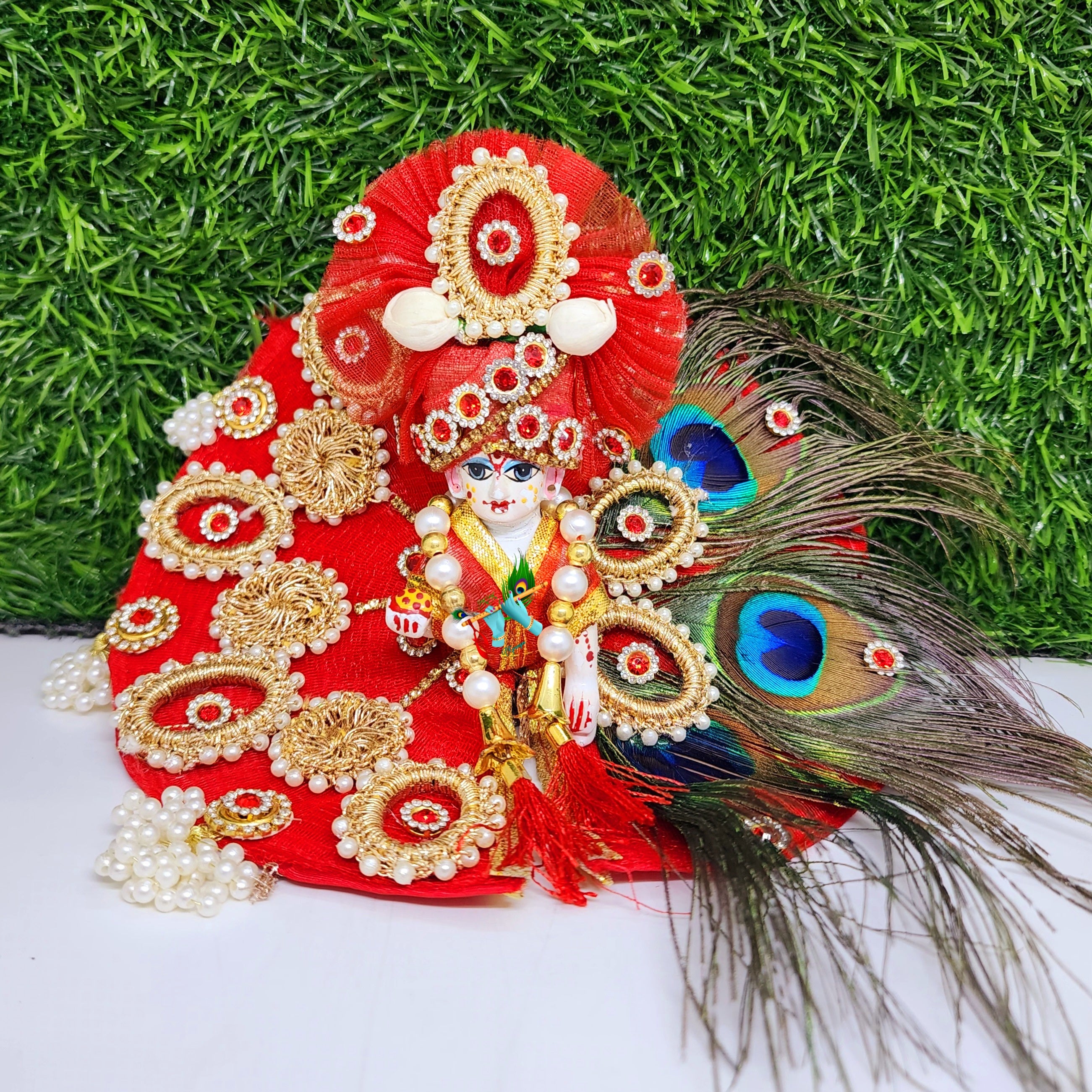 Laddu Gopal Red Morpankh Heavy Dress With Pagdi Kkgroups