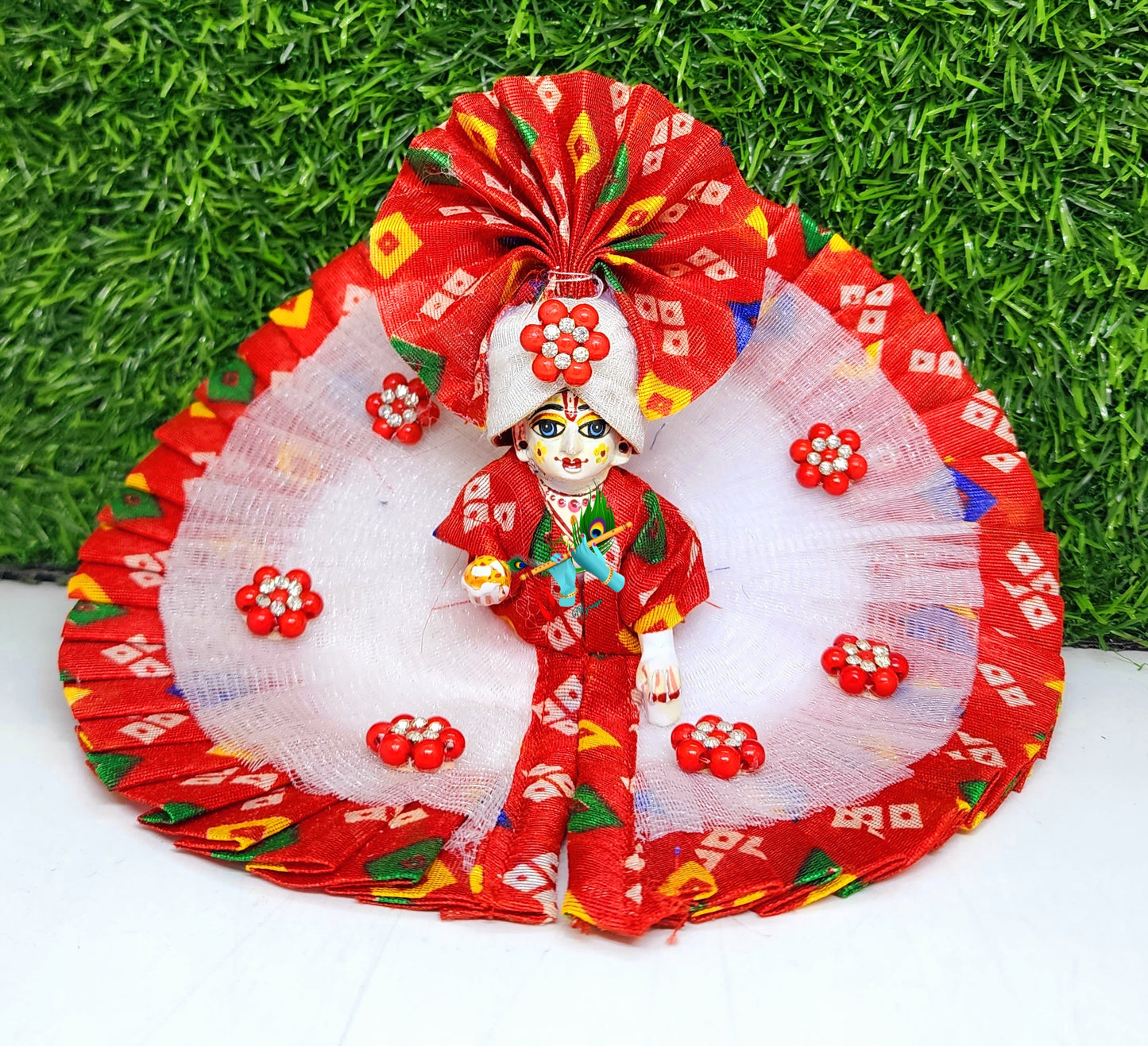 red bhandhej dress with pagdi for laddu gopal ji