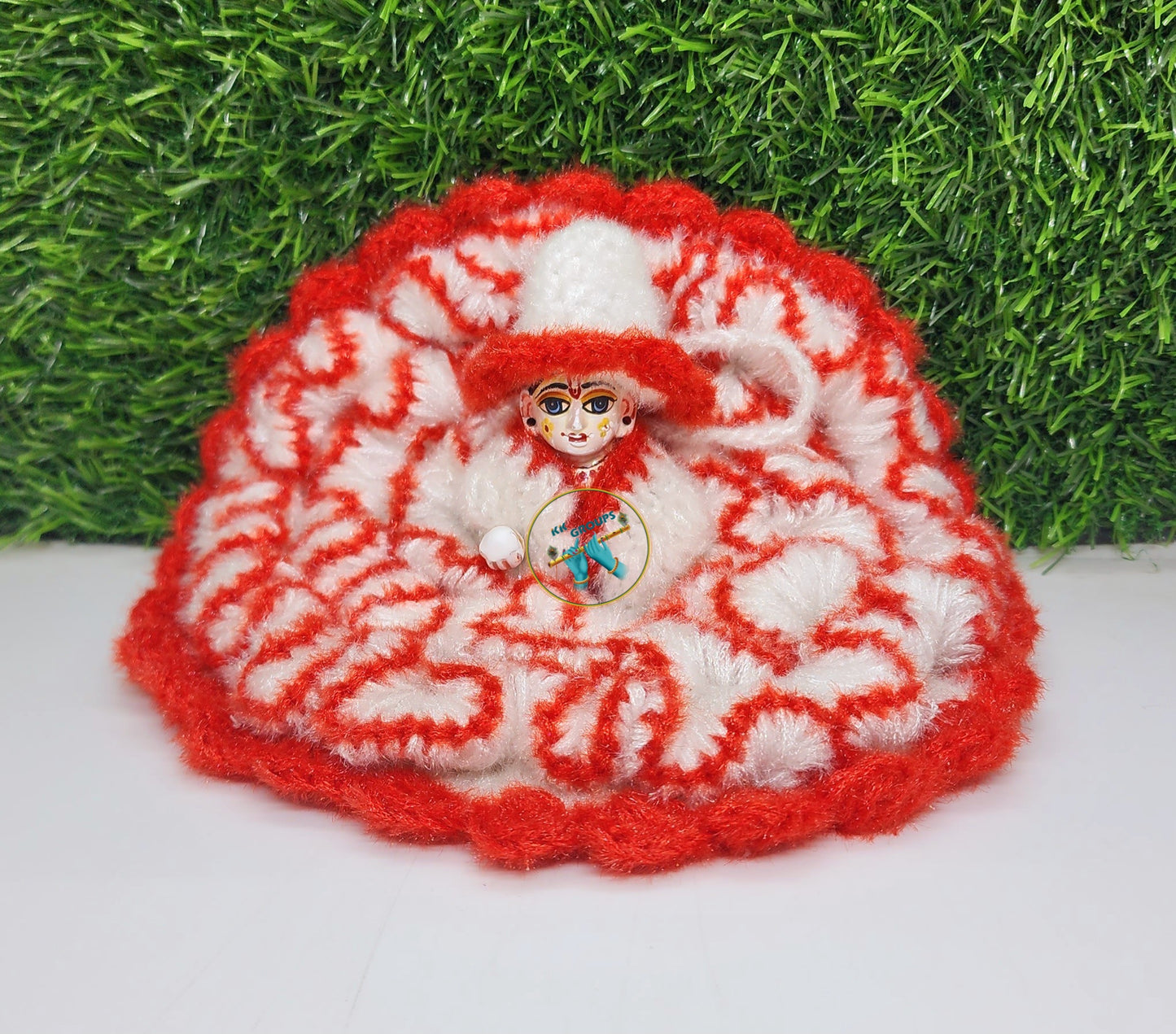 Red White Wrinkle Design Woolen Dress for Laddu Gopal Ji