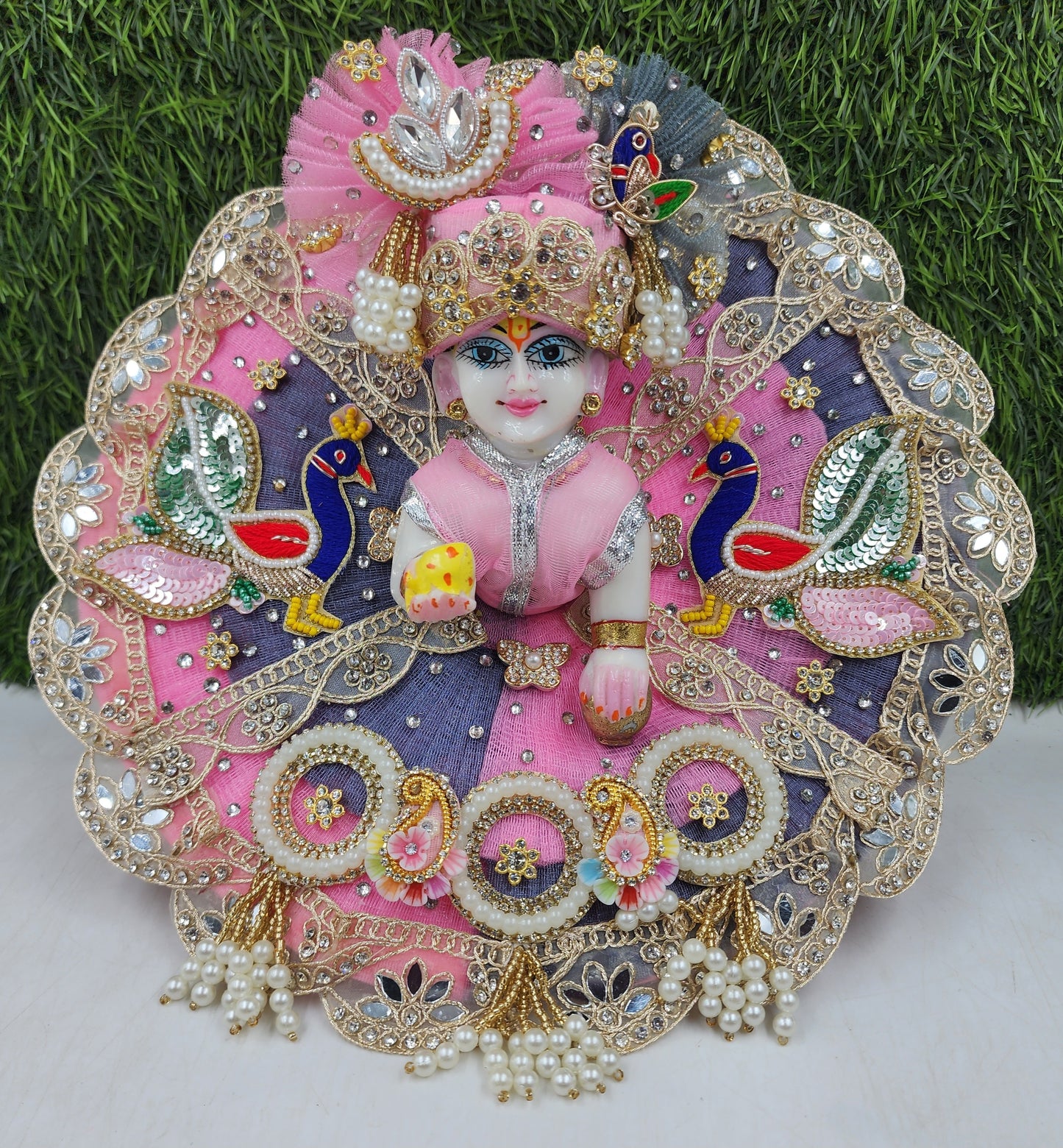 Baby-pink grey mor full heavy dress for laddu gopal ji