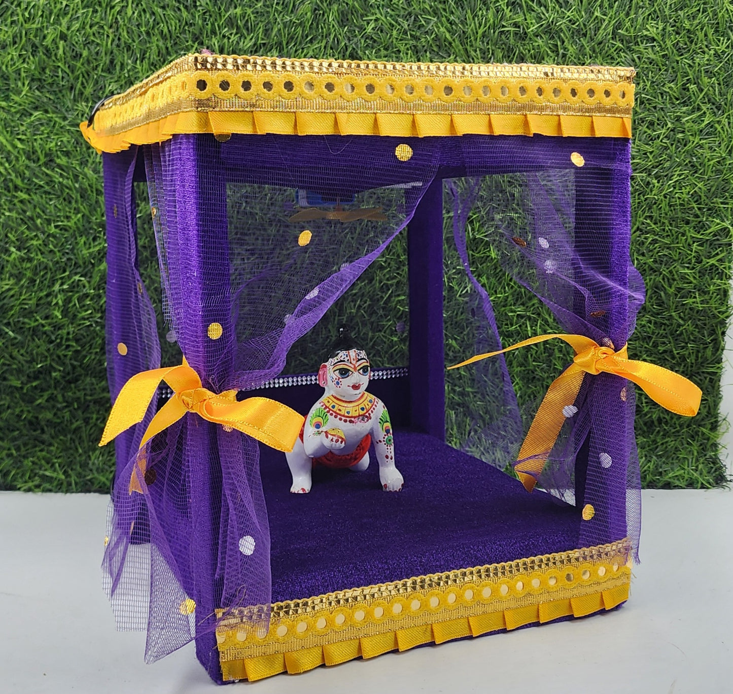 Purple Unique House Cum Bed With Fan And Light For Laddu Gopal Ji