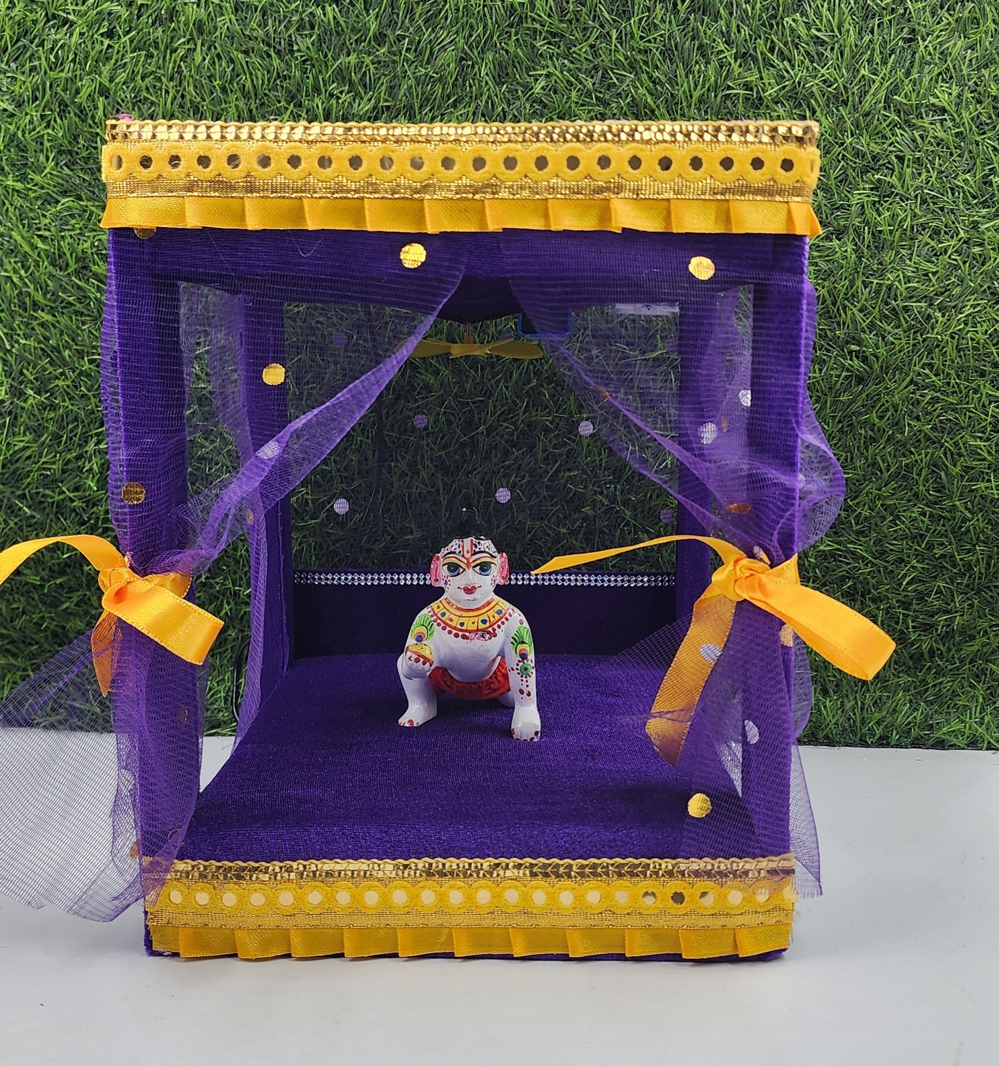 Purple Unique House Cum Bed With Fan And Light For Laddu Gopal Ji