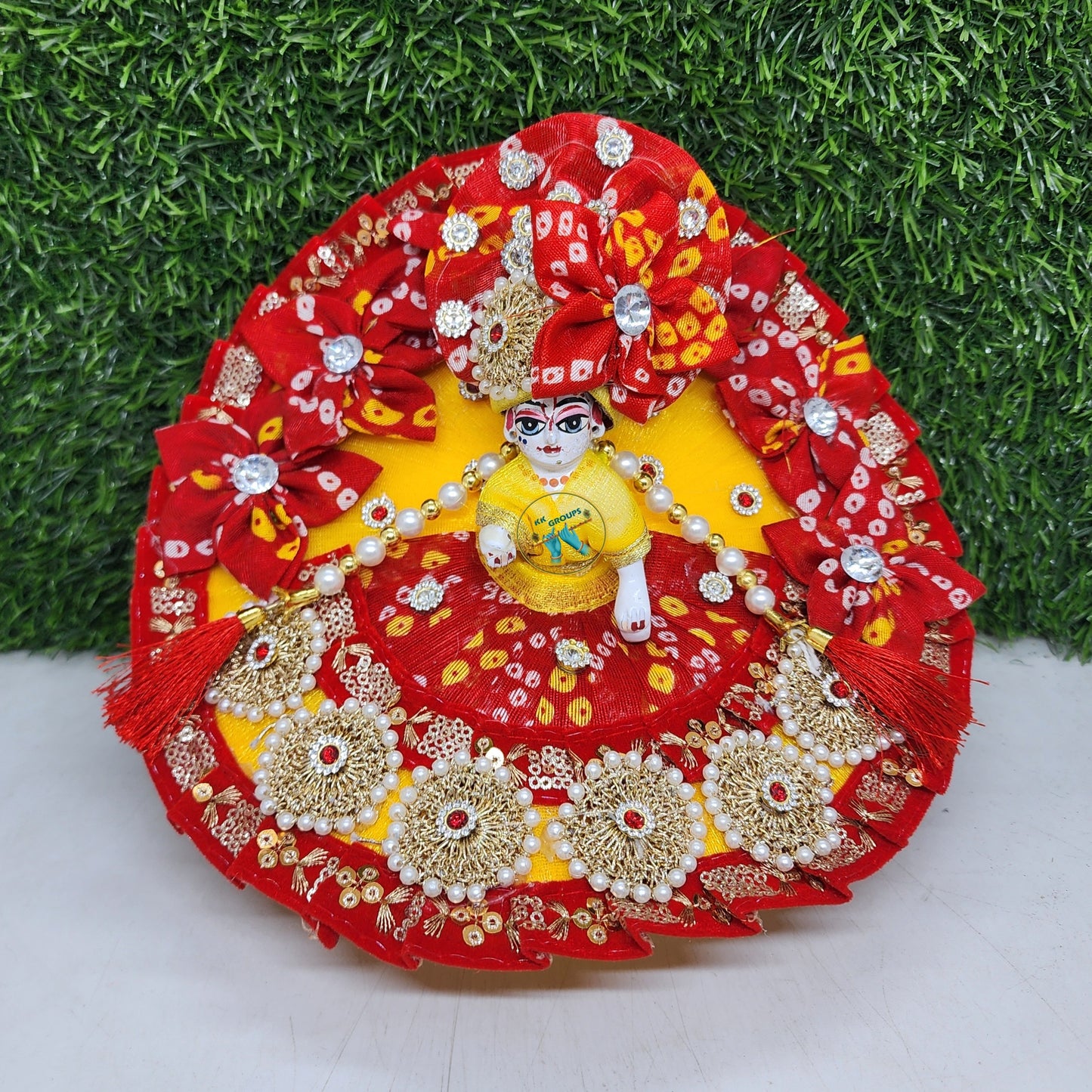 Beautiful red bhandej with crochet dress for laddu gopal ji