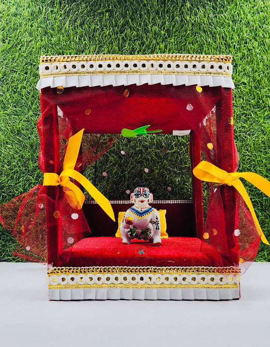 Maroon Unique House Cum Bed With Fan And Light For Laddu Gopal Ji