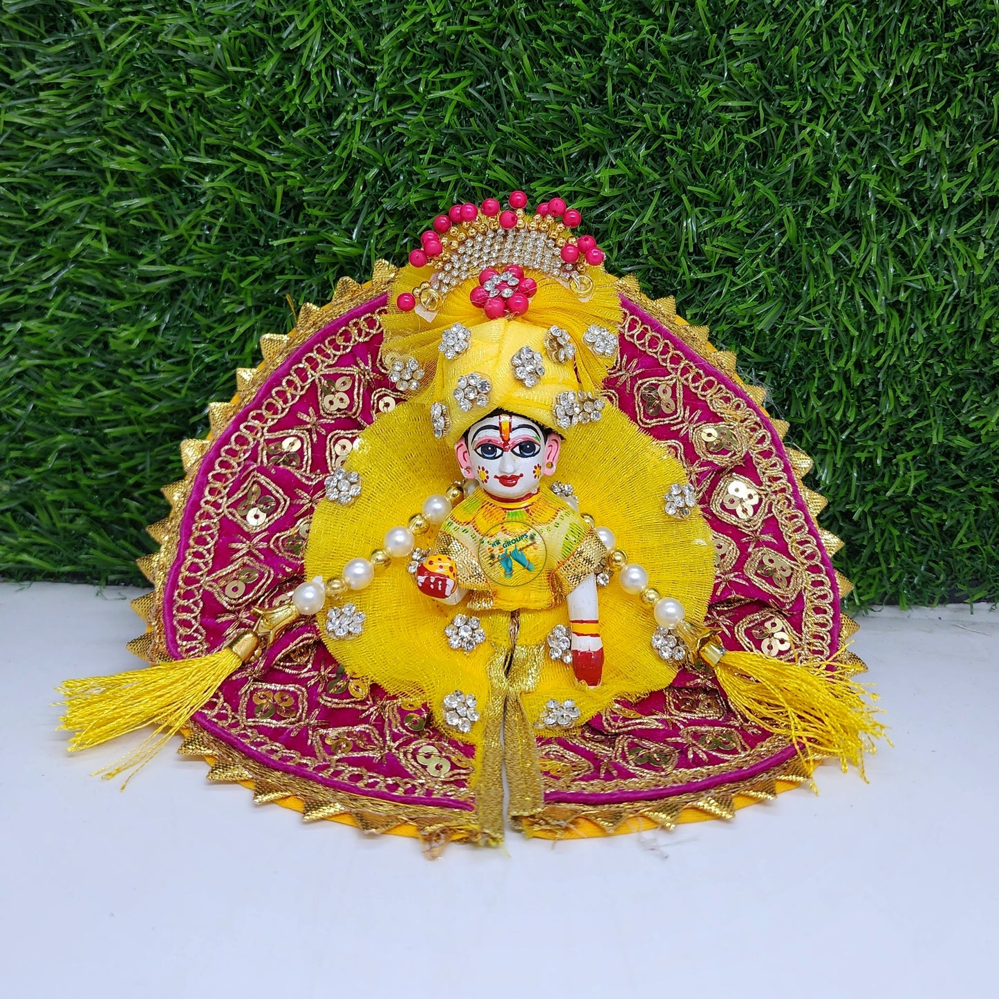 Rani heavy lace with yellow net dress for laddu gopal ji