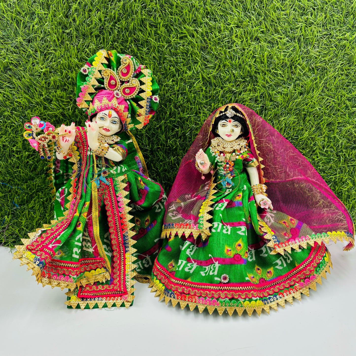Radhey Green Bhandej Dress For Radha Krishna