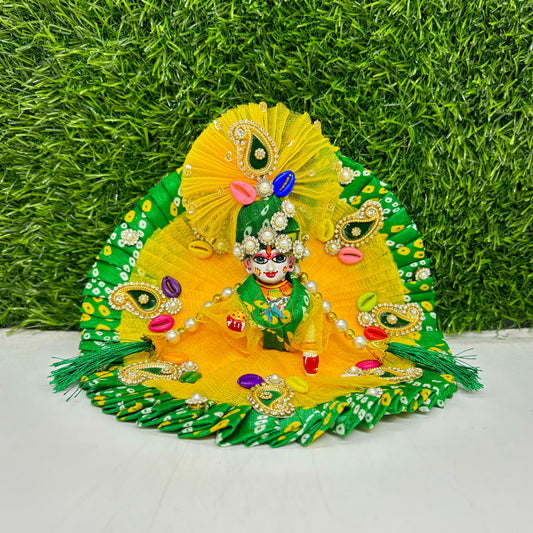 Green yellow bandhej heavy dress with pagdi and patka
