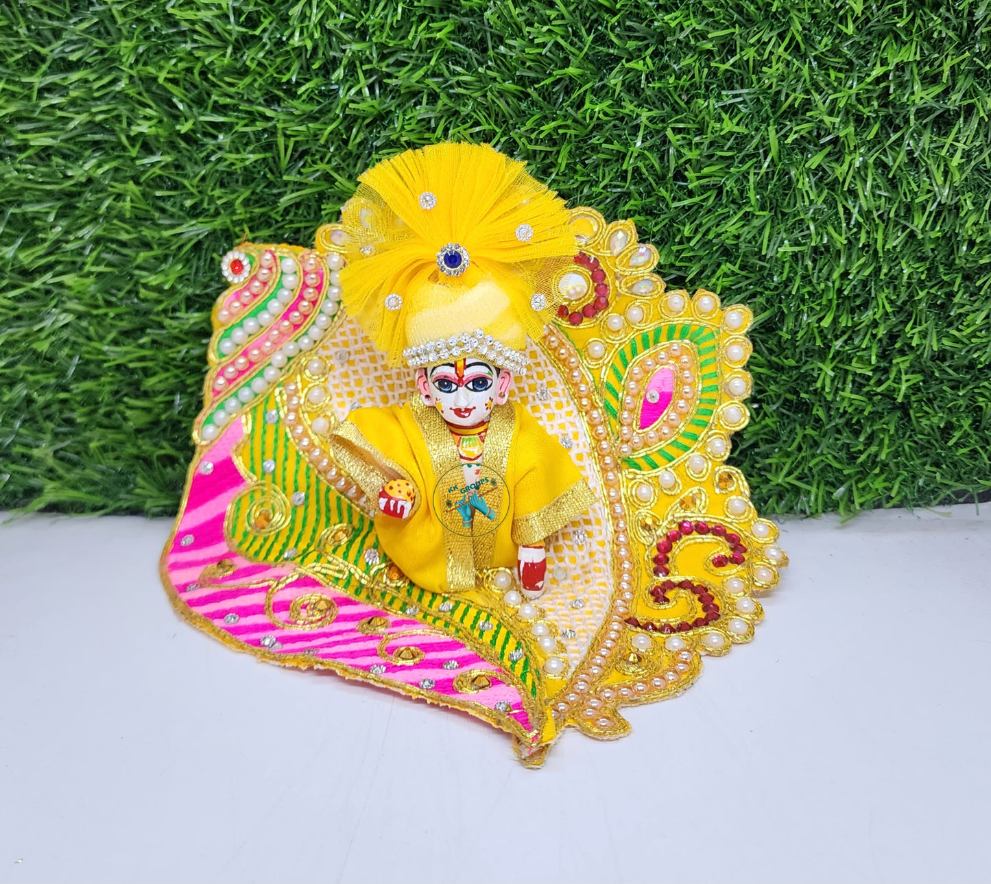 Yellow Peacock Style Embroidery Dress With Pagdi