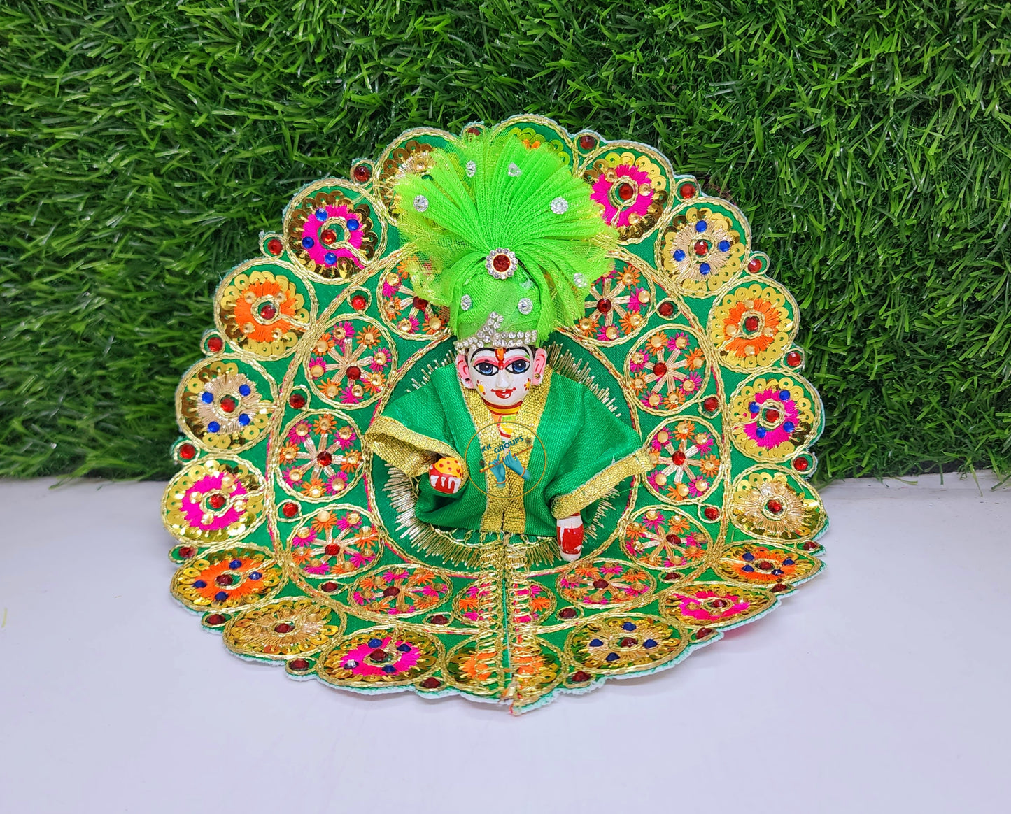 Green Embroidery Dress With Pagdi For Laddu Gopal ji