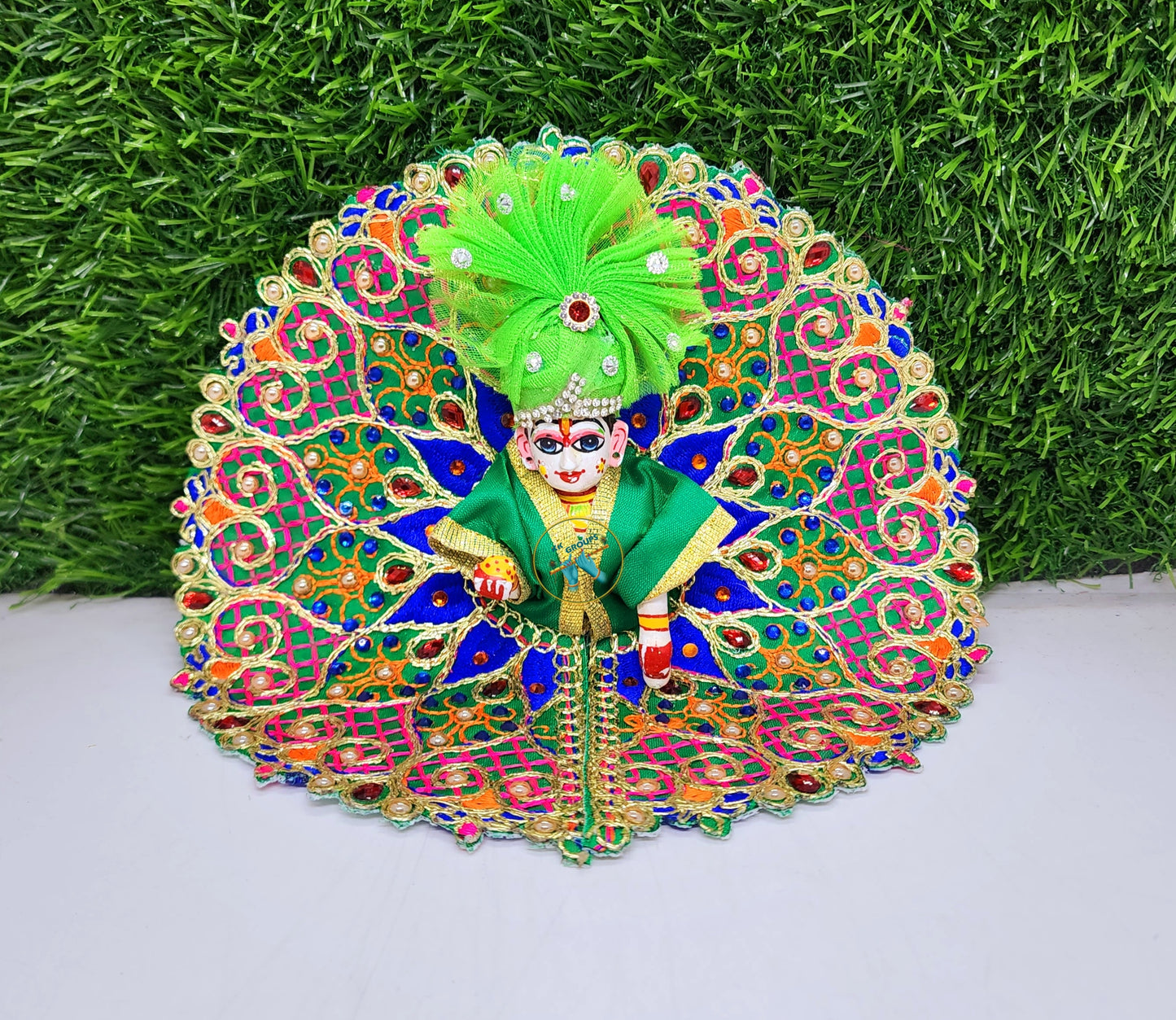 Green Embroidery Dress With Pagdi For Laddu Gopal ji