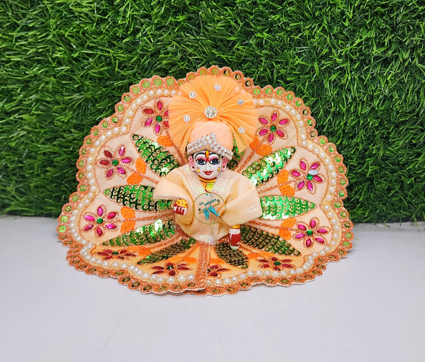 Peach Embroidery Dress With Pagdi For Laddu Gopal ji