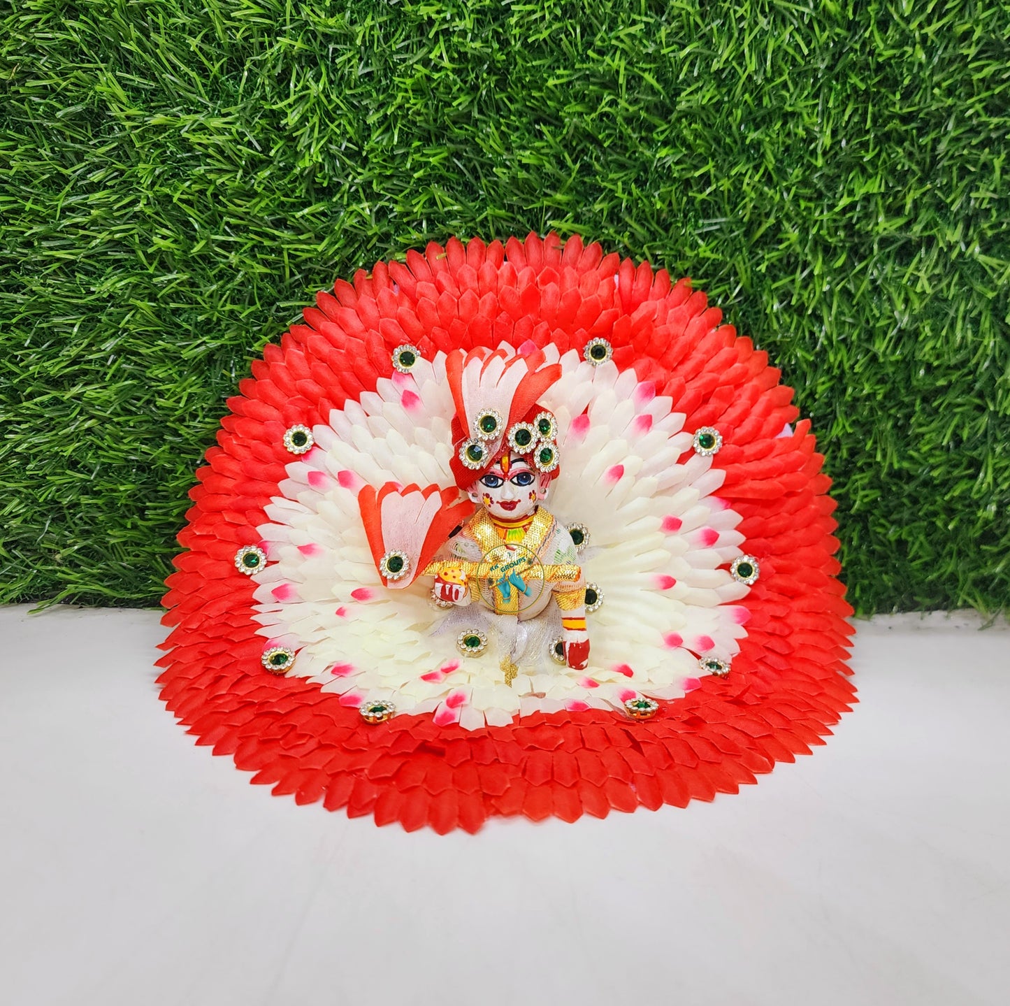 Laddu gopal White Red  Flower Dress with Pagdi And Bansuri