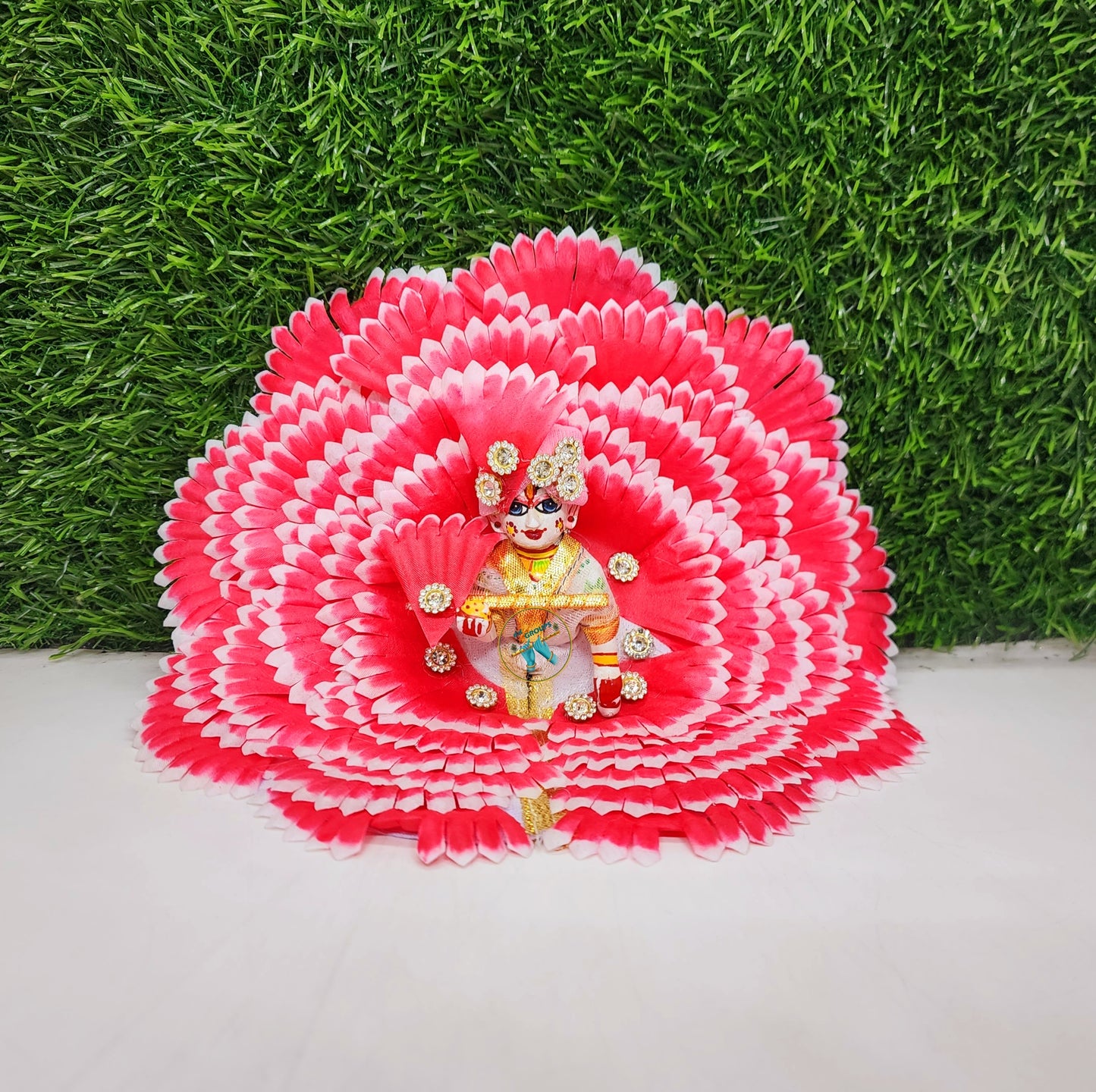 Laddu Gopal Pink Flower Dress with Pagdi And Bansuri