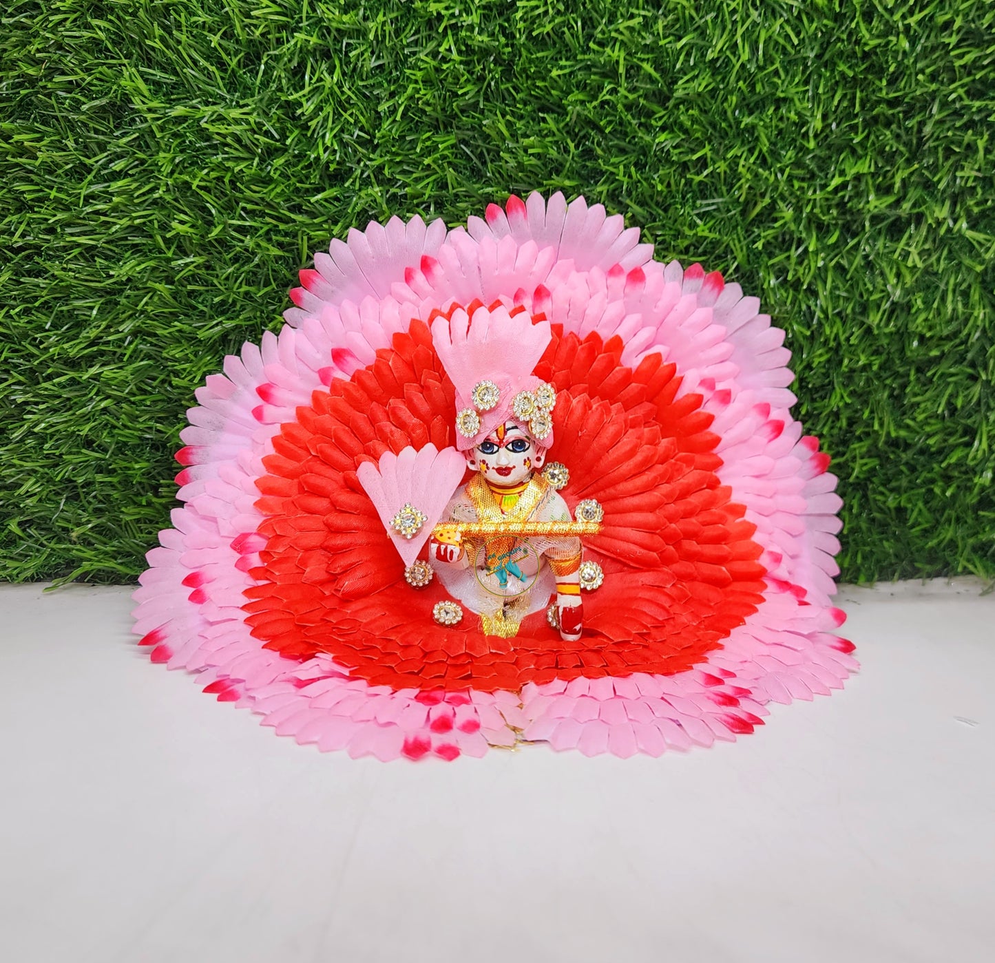 Laddu gopal Pink Red  Flower Dress with Pagdi And Bansuri