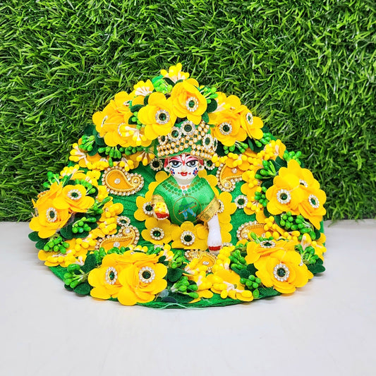Green Yellow Flower Heavy Dress For Laddu Gopal Ji With Pagdi