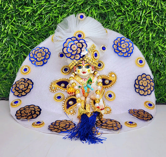 laddu gopal navy blue patch on white heavy dress with pagdi and patka