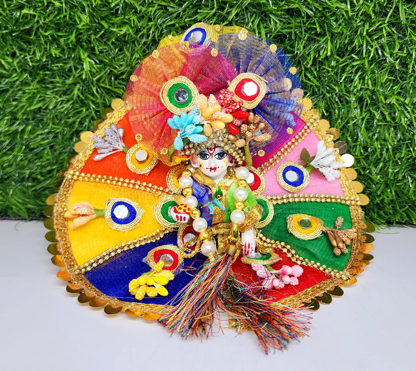 laddu gopal multicolor heavy dress with pagdi and patka