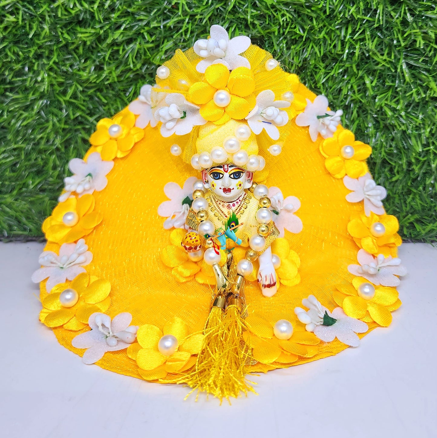 laddu gopal cute yellow heavy dress with pagdi and patka