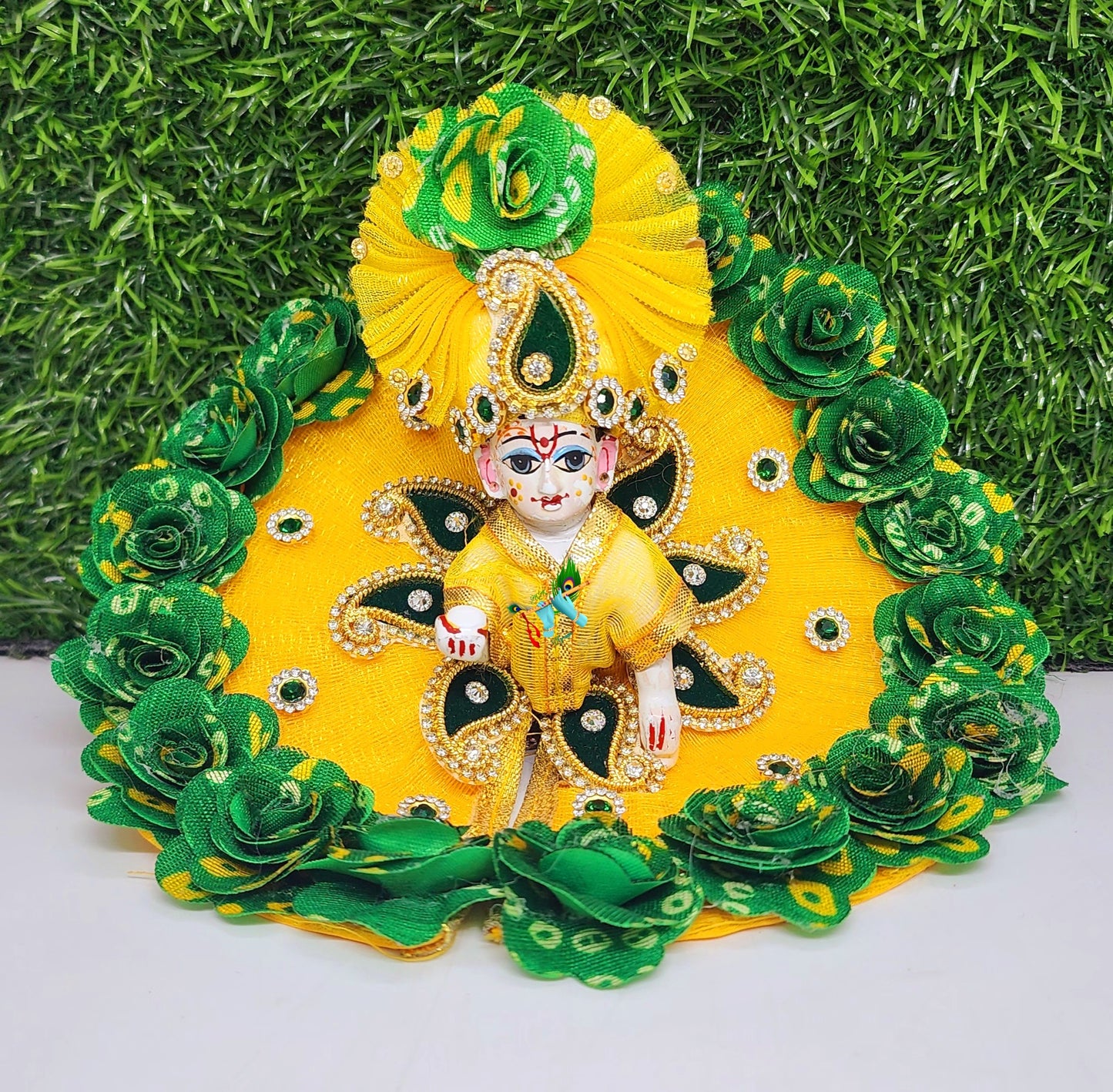 laddu gopal green bhandej border flower dress with pagdi