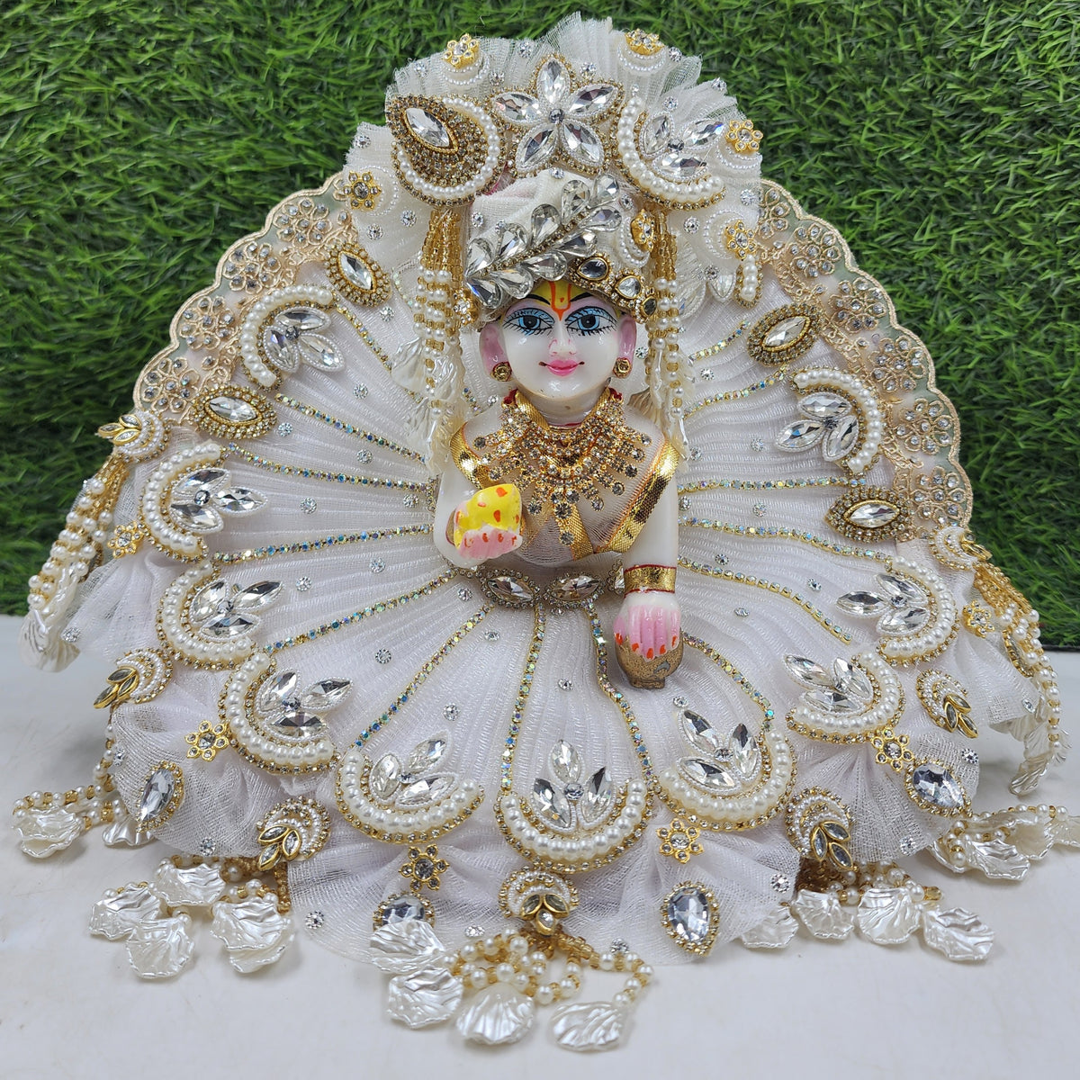 White kalangi Chand heavy dress for laddu gopal ji