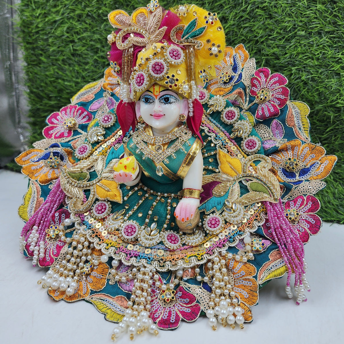 Janmashtami Special Rani green multi lace heavy dress for laddu gopal ji