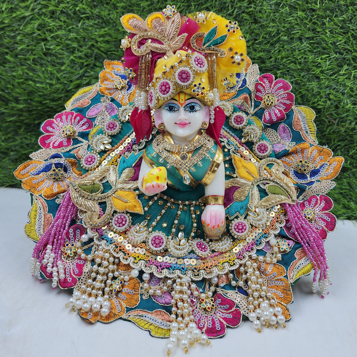 Janmashtami Special Rani green multi lace heavy dress for laddu gopal ji