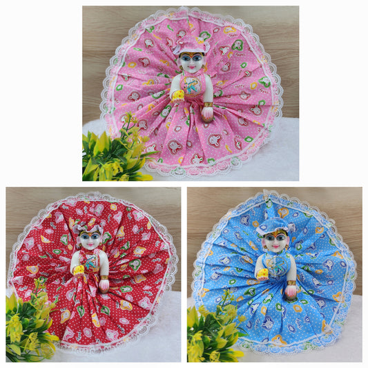 Teddy prints with chiken lace cotton dress (pack of 3) for laddu gopal ji Random colour and prints
