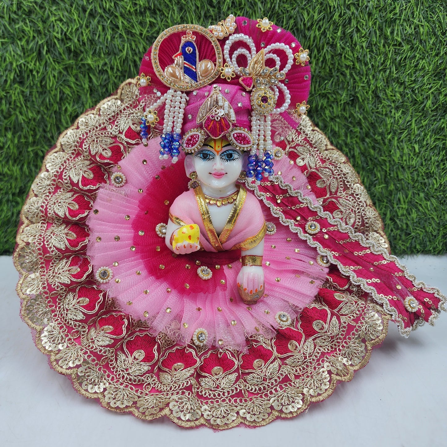 Baby pink-Rani heavy lace dress for laddu gopal ji