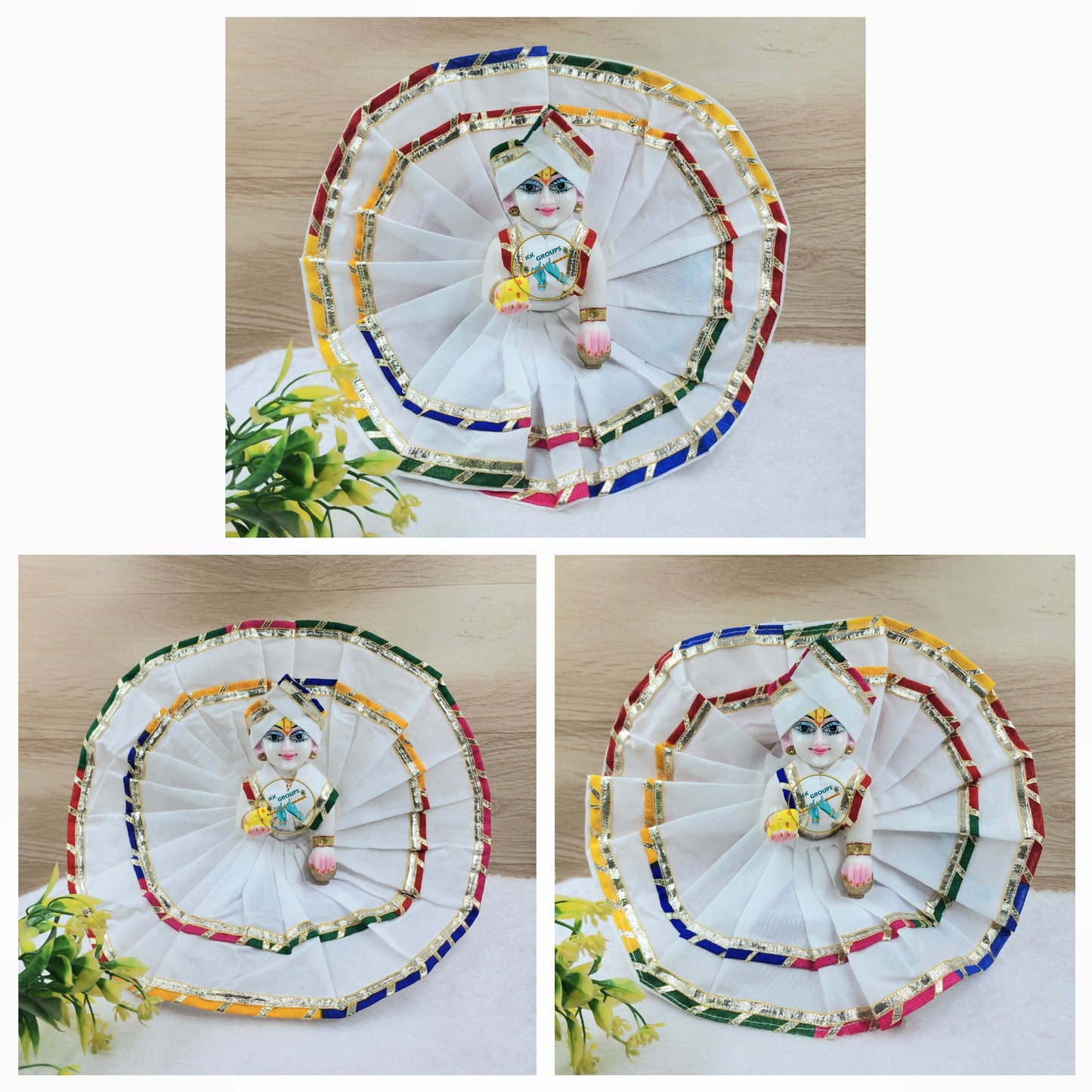 White dress with multi gota lace . Pack of 3 for laddu gopal ji. Size [0-6].