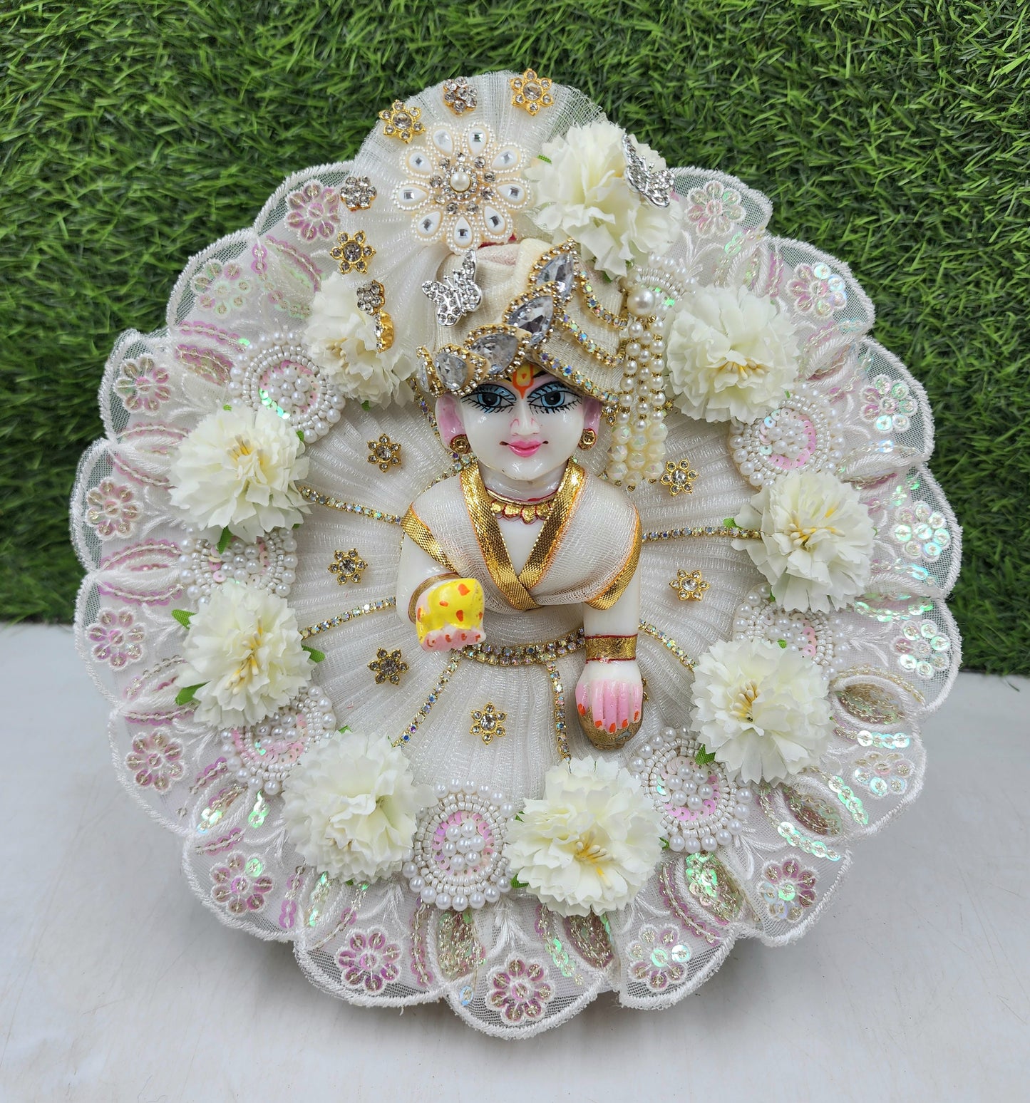White Cute flower heavy dress for laddu gopal ji