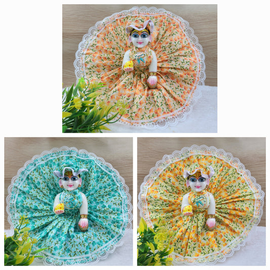 Flower prints cotton dress for laddu gopal ji with  chiken lace [ Pack of 3 ]