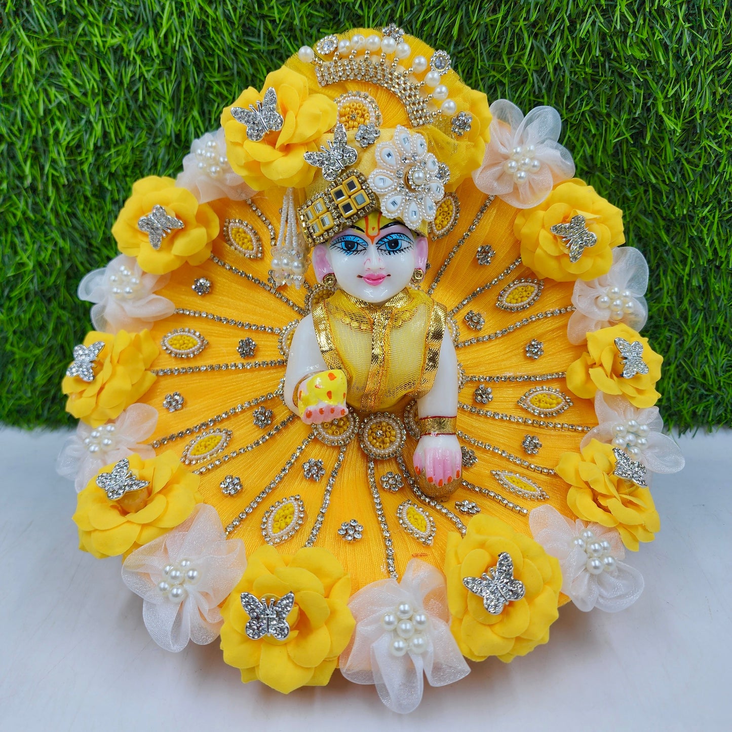 Yellow flower designer dress for laddu gopal ji with pagdi