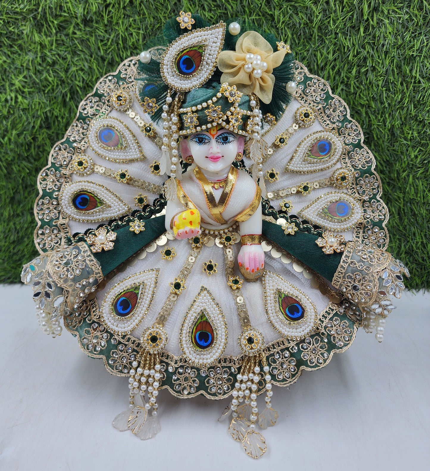 Green cone on white heavy dress for laddu gopal ji