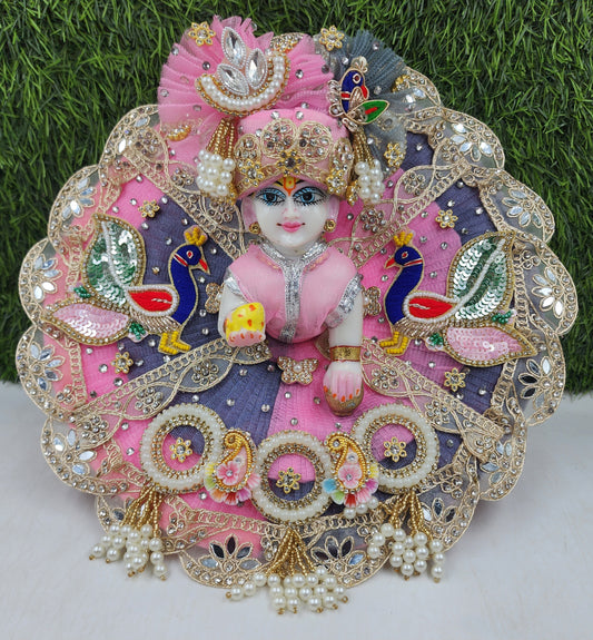 Baby-pink grey mor full heavy dress for laddu gopal ji