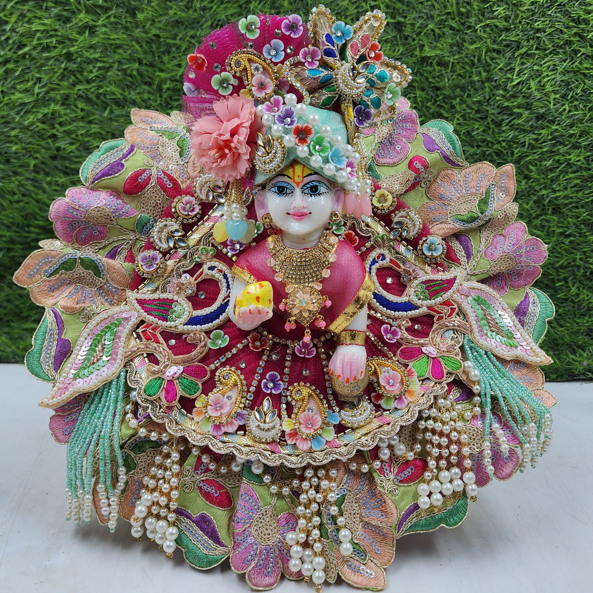 Festive special Rani green multi lace heavy dress for laddu gopal ji